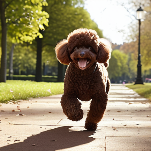 **

A fluffy, chocolate-colored Toy Poodle named "Coco" happily running towards its owner in a sunlit park. Coco has a cute, well-groomed appearance. The owner is smiling and reaching out to pet Coco. The overall scene conveys warmth and affection.

**