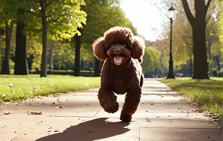**

A fluffy, chocolate-colored Toy Poodle named "Coco" happily running towards its owner in a sunlit park. Coco has a cute, well-groomed appearance. The owner is smiling and reaching out to pet Coco. The overall scene conveys warmth and affection.

**