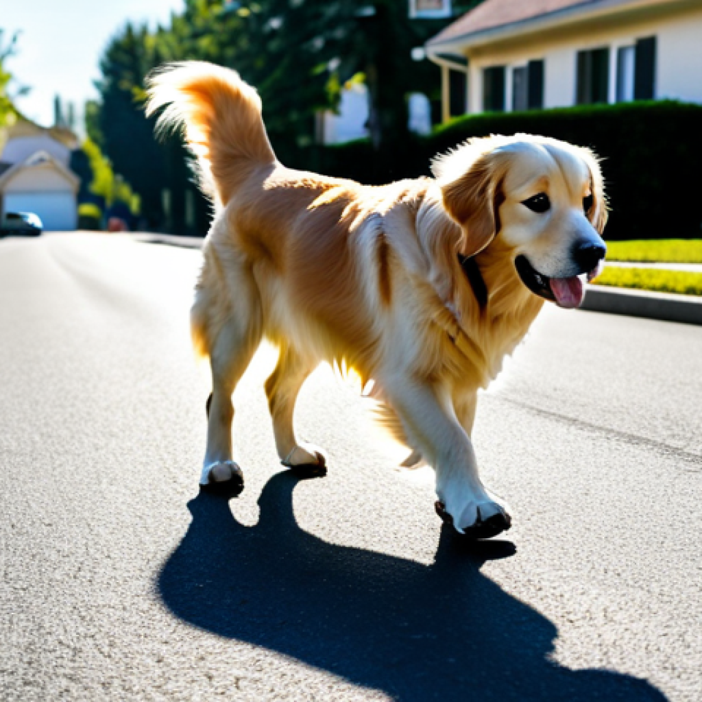 A golden retriever wearing light-colored, breathable mesh dog shoes on a sunny, hot asphalt road. The dog is walking calmly, with its paws fully protected by the specialized footwear. The scene captures the heat shimmer above the road, emphasizing the need for paw protection. The background shows a typical suburban street in clear daylight. The dog has perfect anatomy, correct proportions, and a natural pose. This image is safe for work, appropriate content, fully clothed, professional, family-friendly, high quality, ultra detailed, professional photography.
