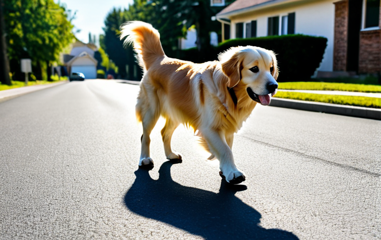 A golden retriever wearing light-colored, breathable mesh dog shoes on a sunny, hot asphalt road. The dog is walking calmly, with its paws fully protected by the specialized footwear. The scene captures the heat shimmer above the road, emphasizing the need for paw protection. The background shows a typical suburban street in clear daylight. The dog has perfect anatomy, correct proportions, and a natural pose. This image is safe for work, appropriate content, fully clothed, professional, family-friendly, high quality, ultra detailed, professional photography.