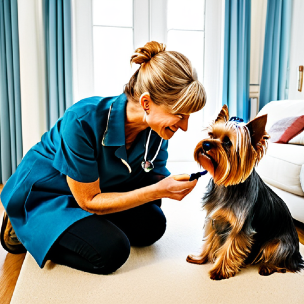 요크셔 테리어 털 빠짐 관리 - Yorkshire Terrier Getting Brushed**

"A fully clothed woman gently brushes her Yorkshire Terrier wit...