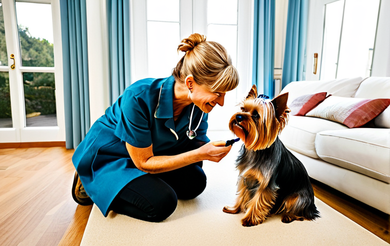 요크셔 테리어 털 빠짐 관리 - Yorkshire Terrier Getting Brushed**

"A fully clothed woman gently brushes her Yorkshire Terrier wit...