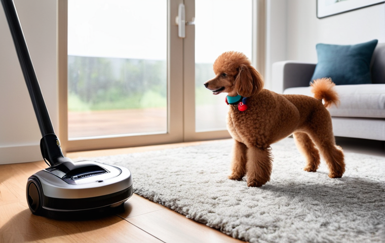 강아지 털 알러지 방지법 - **Prompt 1: A meticulously clean and inviting living room, bathed in soft, natural light, where a pe...