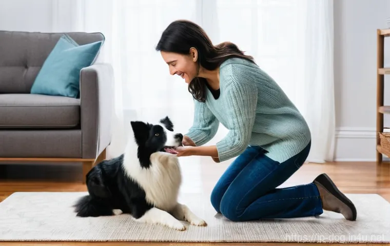 보더콜리 인내심 훈련 - **Prompt:** A heartwarming indoor scene featuring a intelligent Border Collie perfectly executing a ...