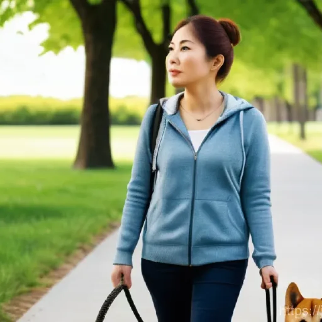 강아지 행동 문제 해결 - A kind-faced woman in her 30s, dressed in casual, comfortable attire, observes her Shiba Inu on a le...