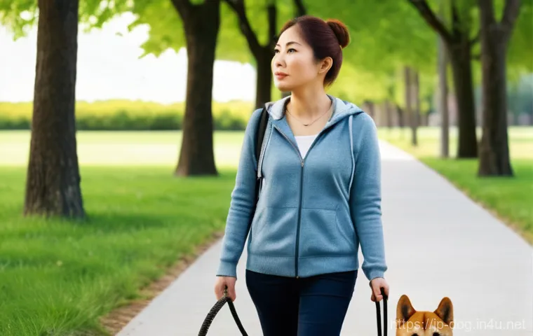 강아지 행동 문제 해결 - A kind-faced woman in her 30s, dressed in casual, comfortable attire, observes her Shiba Inu on a le...
