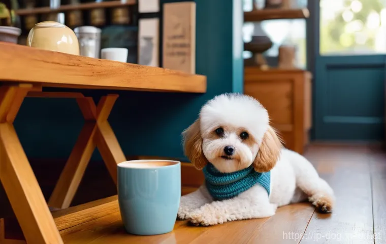 강아지 친화적인 카페 찾기 - **Prompt 1: Cozy Indoor Cafe with a Small Dog**
    A heartwarming scene inside a cozy, brightly lit...