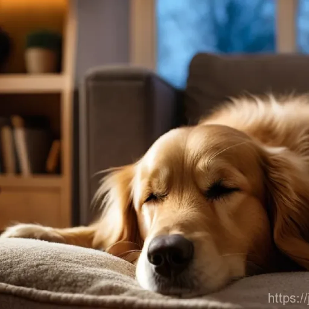 강아지 유튜브 채널 추천 - **Prompt:** A cozy, warmly lit living room at dusk, with soft focus on a golden retriever peacefully...