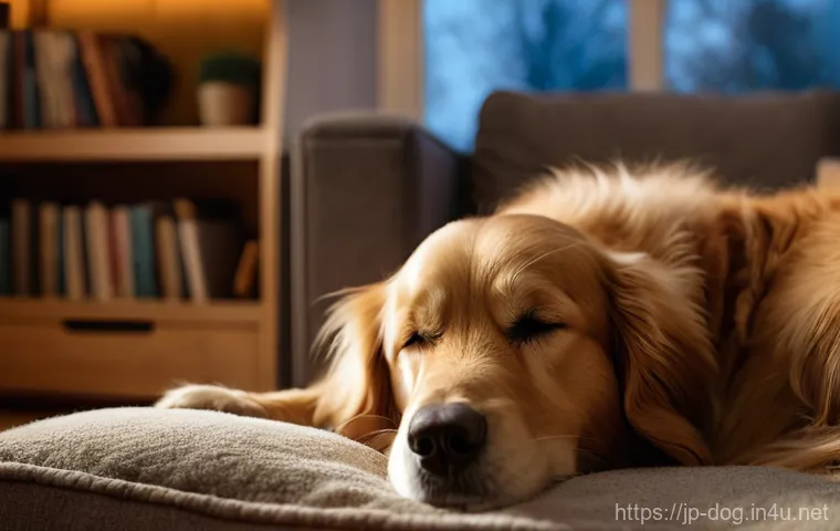 강아지 유튜브 채널 추천 - **Prompt:** A cozy, warmly lit living room at dusk, with soft focus on a golden retriever peacefully...