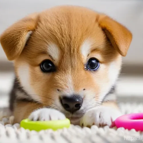 강아지 이갈이 관리 - **Prompt:** A close-up, highly detailed shot of a cute and fluffy 4-month-old Shiba Inu puppy in a c...