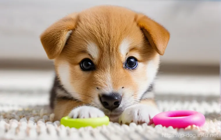 강아지 이갈이 관리 - **Prompt:** A close-up, highly detailed shot of a cute and fluffy 4-month-old Shiba Inu puppy in a c...